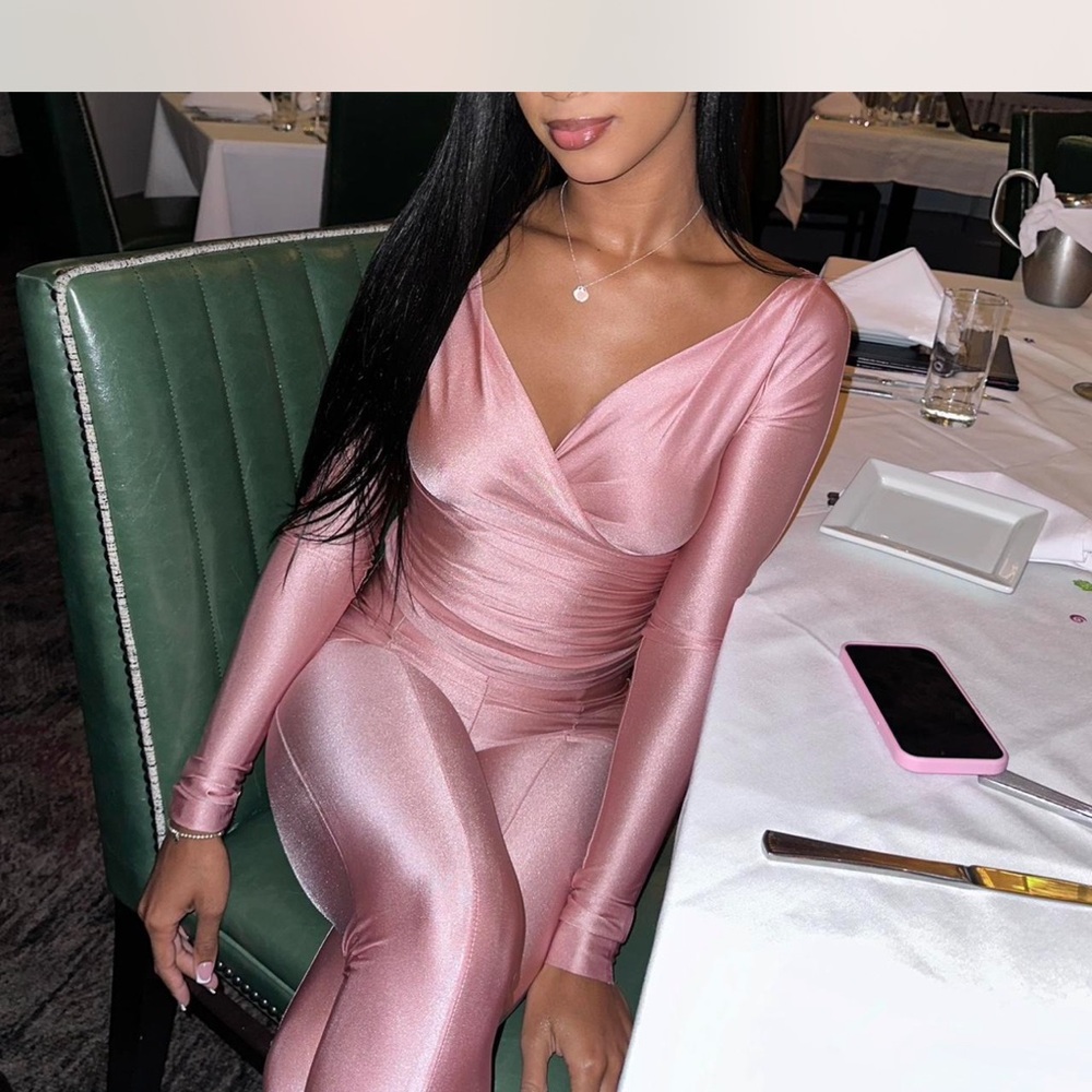 Pink Satin Long Sleeve Jumpsuit